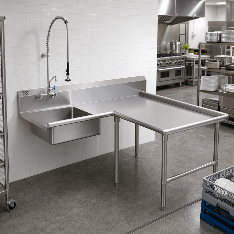 Product image #2 for John Boos Pro-Bowl 60" x 60" L-Shaped Island Soiled Dishtable with 20" x 20" Pre-Rinse Sink Bowl, Right-to-Left
