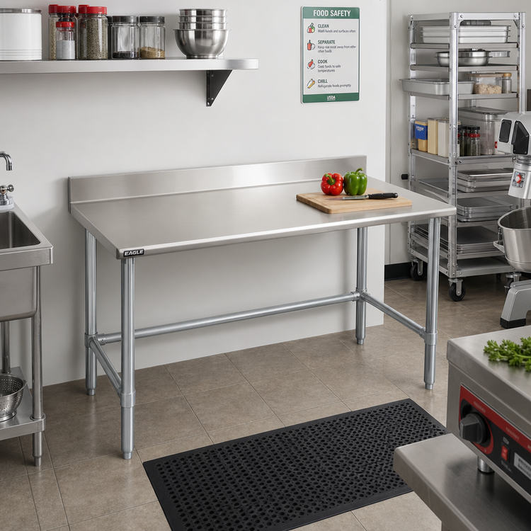 Product image #2 for Eagle Deluxe Series 48 Inch W x 30 Inch D Stainless Steel Work Table with 4-1/2 Inch Backsplash and Galvanized Tubular Base