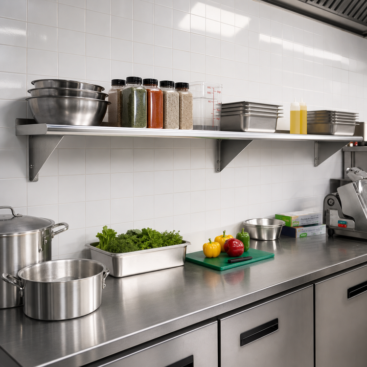Product image #2 for Sapphire Manufacturing 120 Inch x 18 Inch Wall-Mounted Stainless Steel Shelf, 18/400 Series
