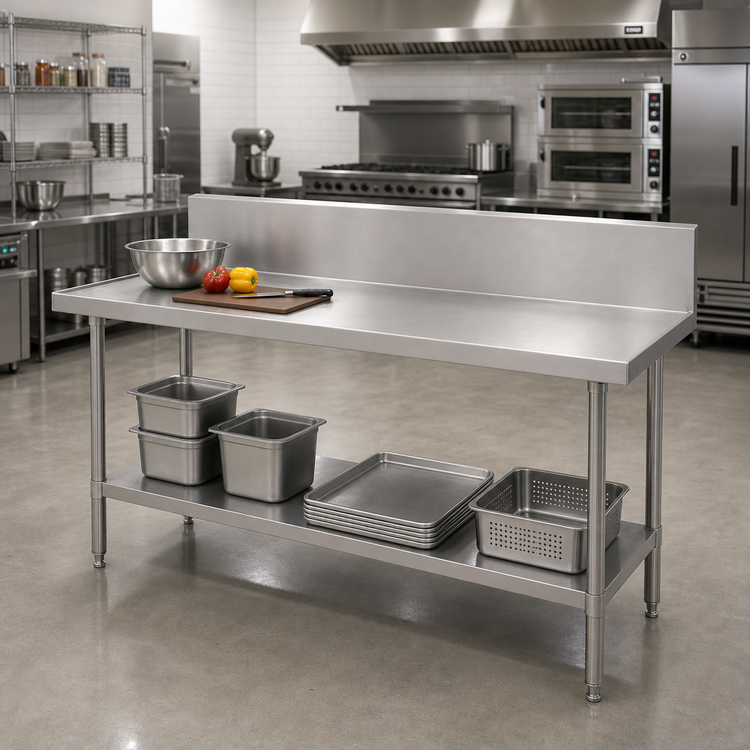 Product image #2 for Advance Tabco 84 Inch x 30 Inch 14-Gauge 304 Stainless Steel Work Table with 10-Inch Backsplash and Adjustable Undershelf