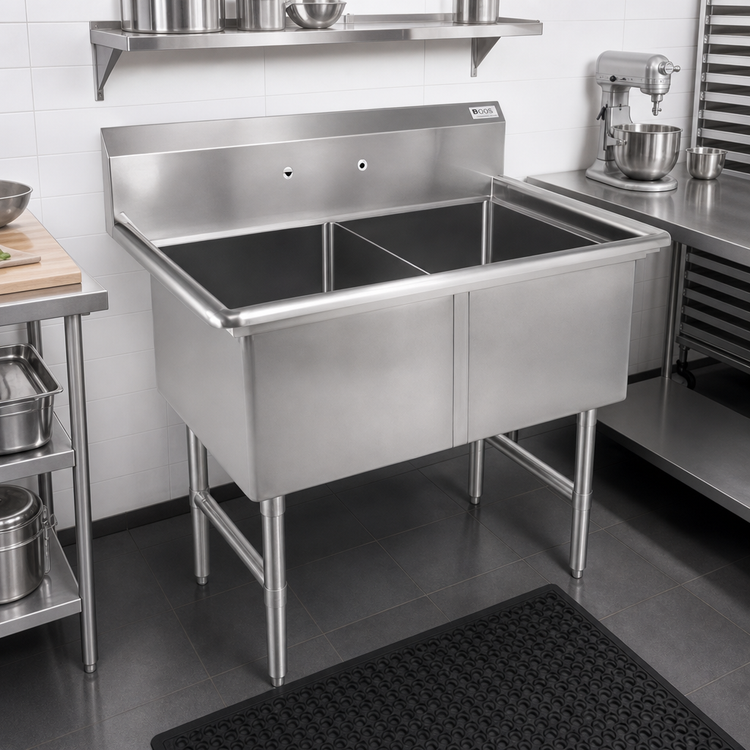Product image #2 for John Boos B Series 2-Compartment Stainless Steel Sink with Legs and 10-Inch Backsplash