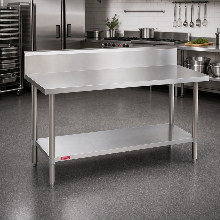 Product image #2 for Duke 84 Inch x 24 Inch 14-Gauge 300 Series Stainless Steel Work Table with 10 Inch Riser and Galvanized Undershelf