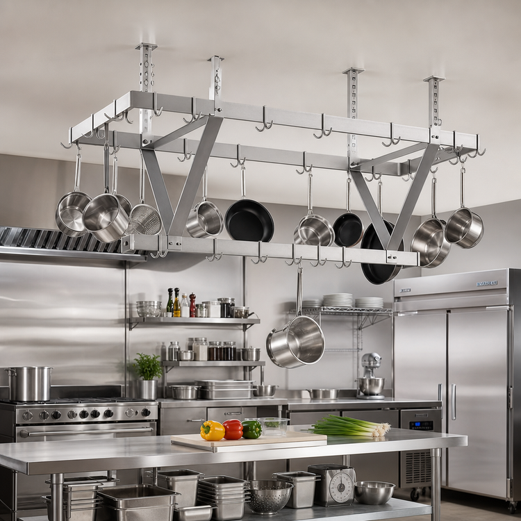 Product image #2 for Eagle Group Triple-Bar Ceiling-Mounted Aluminum Pot Rack with 12 Double-Pronged Hooks
