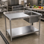 Thumbnail image #2 for Klinger's Trading STB2484BR 84-Inch x 24-Inch 18-Gauge Stainless Steel Sink Work Table with Right-Side Prep Sink and Undershelf