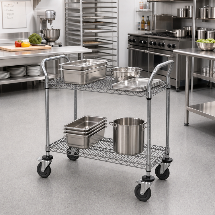 Product image #2 for Quantum 42 Inch x 18 Inch Gray Epoxy Antimicrobial Wire Utility Cart with 2 Shelves, 1,200 lb Capacity