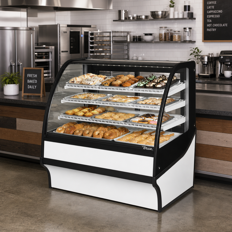 Product image #3 for True Full-Service Dry Curved Glass Pastry Display Merchandiser with Glass Ends, 48-1/4 Inch Wide, White Exterior / White Interior