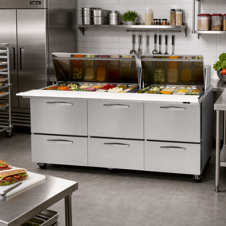 Product image #2 for Turbo Air PRO Series Mega Top Three-Section Sandwich/Salad Prep Table with 6 Drawers, 72-5/8 Inch