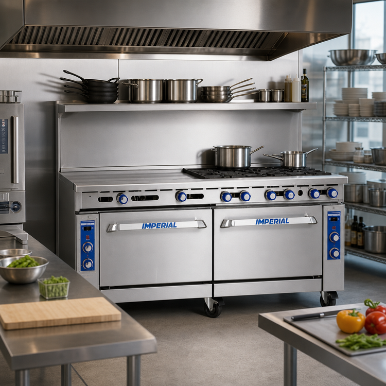 Product image #2 for Imperial Pro Series 72-Inch Gas Restaurant Range with 6 Open Burners, 6 Step-Up Open Burners, Convection Oven and Cabinet Base