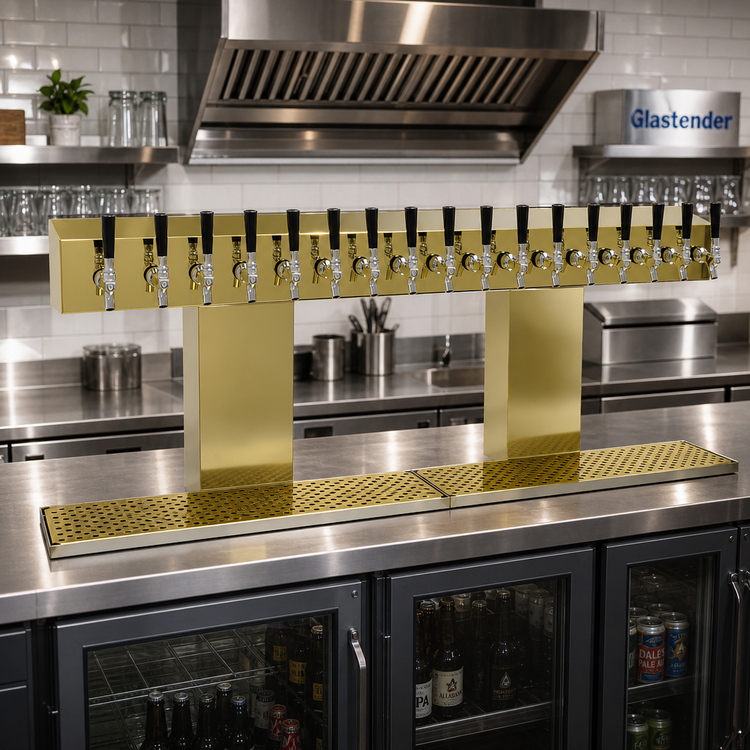 Product image #2 for Glastender 16-Faucet Air-Cooled Double-Column Bridge Draft Dispensing Tower, Countertop, Polished Brass