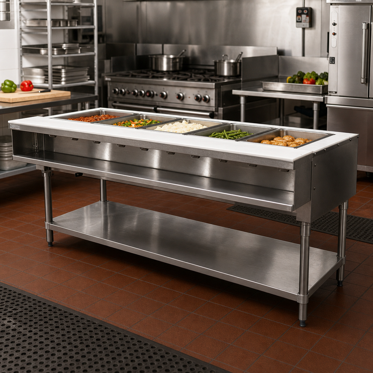 Product image #2 for Advance Tabco Triumph Supreme 5-Well Natural Gas Water Bath Hot Food Table with Cutting Board and Undershelf