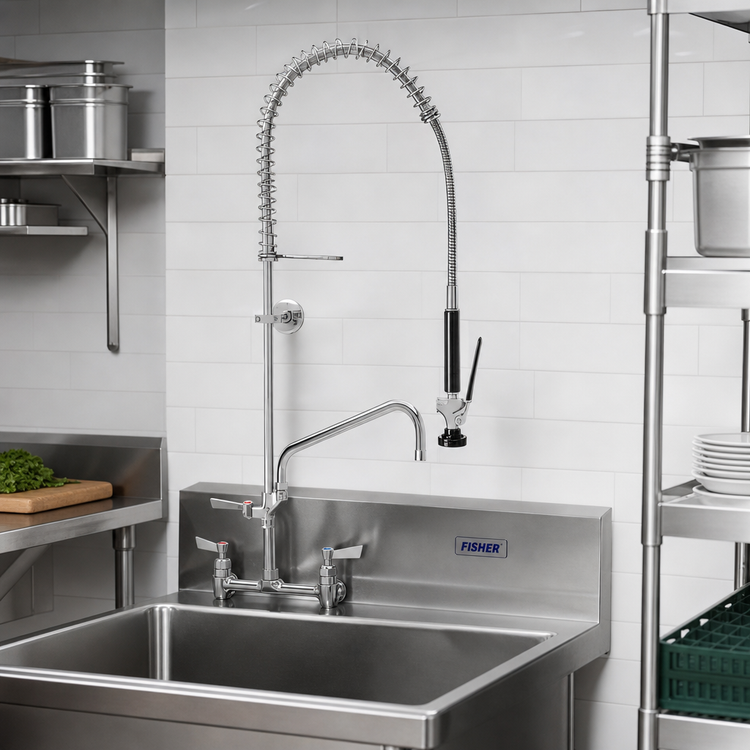 Product image #2 for Fisher Spring Pre-Rinse Unit with Add-On Faucet, 12-Inch Swing Spout, 8-Inch Backsplash Mount, Stainless Steel
