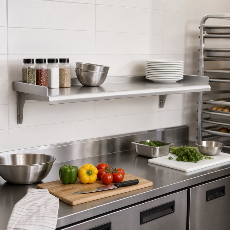 Product image #2 for Snap-n-Slide Commercial 48" W x 12" D Wall-Mounted Shelf, Rolled Front Edge, 14/304 Stainless Steel