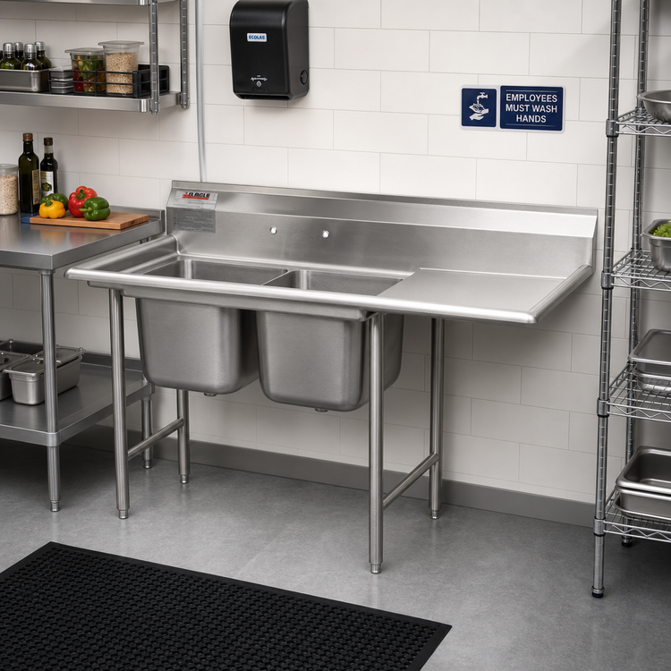 Product image #2 for Eagle Group 414 Series Two-Compartment Commercial Sink with 24" Right-Hand Drainboard, 75" x 29-3/4"