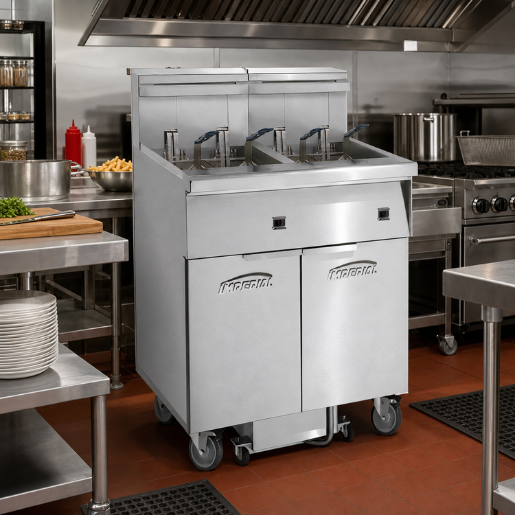 Product image #2 for Imperial IFSSP350ET Electric Floor Fryer, 3-Tank, 50 lb. Capacity Each, Built-In Filter System