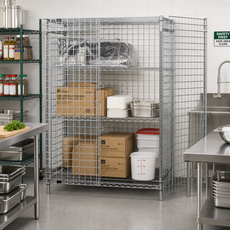 Product image #2 for Quantum Stationary Wire Security Cage with Panel Doors, 60W x 21D x 63H, Chrome Plated Finish