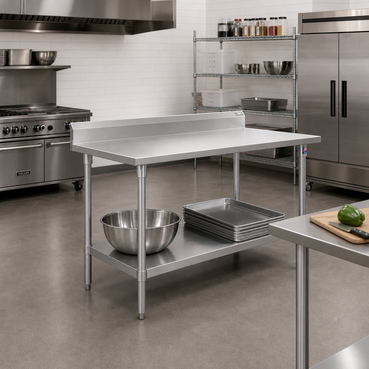 Product image #2 for John Boos Stallion 16-Gauge Stainless Steel Top Work Table with 5-Inch Backsplash and Galvanized Undershelf, 84-Inch x 36-Inch