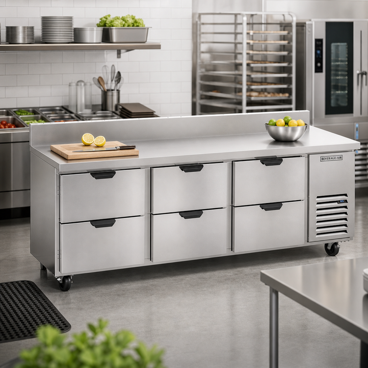 Product image #2 for Beverage-Air Three-Section 93-Inch Wide Worktop Refrigerator with 6 Drawers and Rear Splash