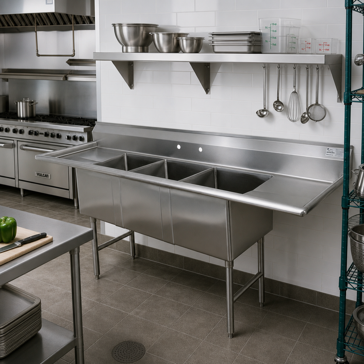 Product image #2 for Advance Tabco 3-Compartment Fabricated Sink with Left and Right Drainboards, 15" x 15" x 14" Bowls, 75" Overall Length
