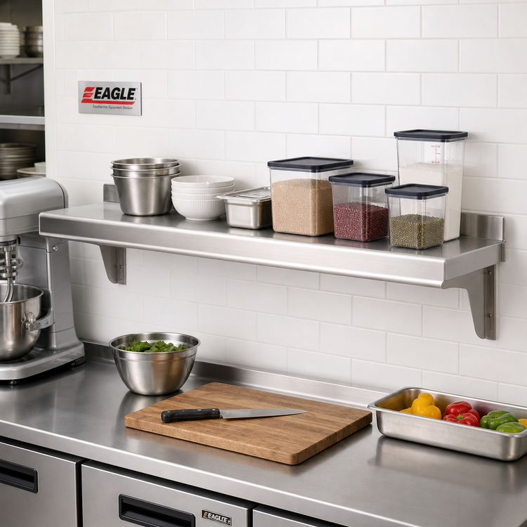 Product image #2 for Eagle Snap-n-Slide Wall-Mounted Shelf, 48-Inch W x 12-Inch D, Rolled Front Edge, 16-Gauge 430 Stainless Steel