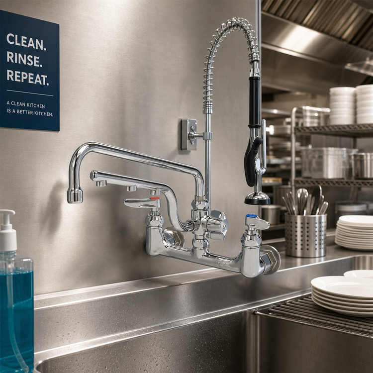 Product image #2 for UltraRinse 8-Inch Wall-Mount Pre-Rinse Mixing Faucet with 12-Inch Swing Nozzle and 10-Inch Sprayer Arm
