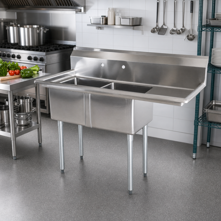 Product image #2 for 2-Compartment Pot Sink with Right-Hand Drainboard, 18 x 18 x 11-Inch Bowls, 304 Stainless Steel
