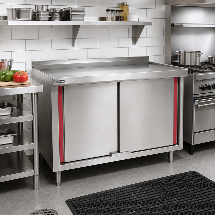 Product image #2 for Eagle Group Spec-Master Marine Series Enclosed Work Table with Cabinet Base and Hinged Doors, 60 x 24 Inch, 14-Gauge 304 Stainless Steel Top, 1-1/2 Inch Rear Up-Turn