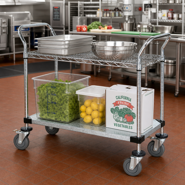 Product image #2 for Quantum Utility Bus Cart with Chrome-Plated Wire and Galvanized Solid Shelves, 48 x 24 in., 2 Shelves, 1200 lb Capacity
