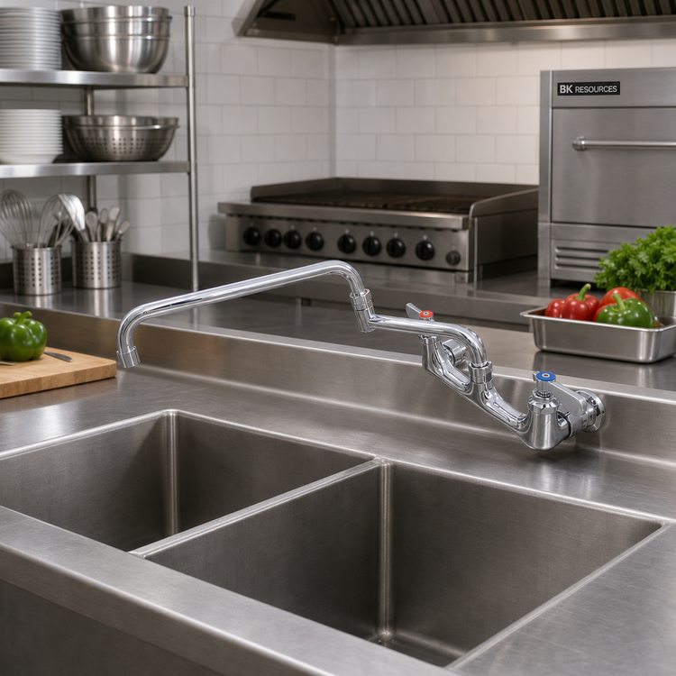 Product image #2 for BK Resources OptiFlow Lead-Free Splash-Mounted Commercial Faucet with 18-Inch Double-Jointed Swing Spout, 8-Inch Centers