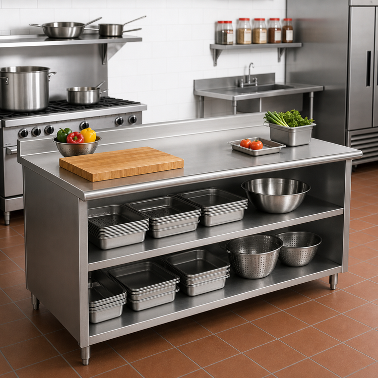 Product image #2 for Advance Tabco Special Value Series 72-Inch x 30-Inch 16-Gauge 304 Stainless Steel Open Base Work Table with 5-Inch Backsplash and Mid-Shelf