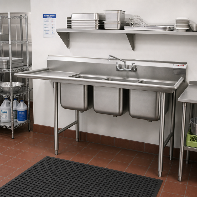 Product image #2 for Eagle Group 414 Series Coved Corner Three-Compartment Sink with Left 18-Inch Drainboard