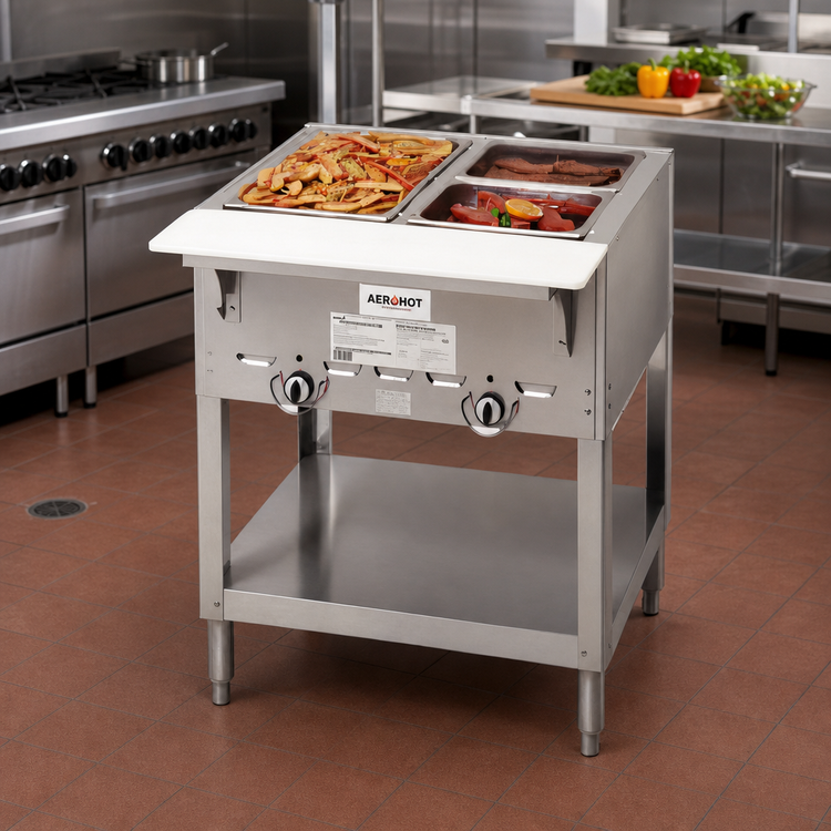 Product image #2 for Aerohot 30-3/8-Inch Gas Steam Table Hot Food Unit with 2 12 x 20 Wells, Open Base, and Carving Board