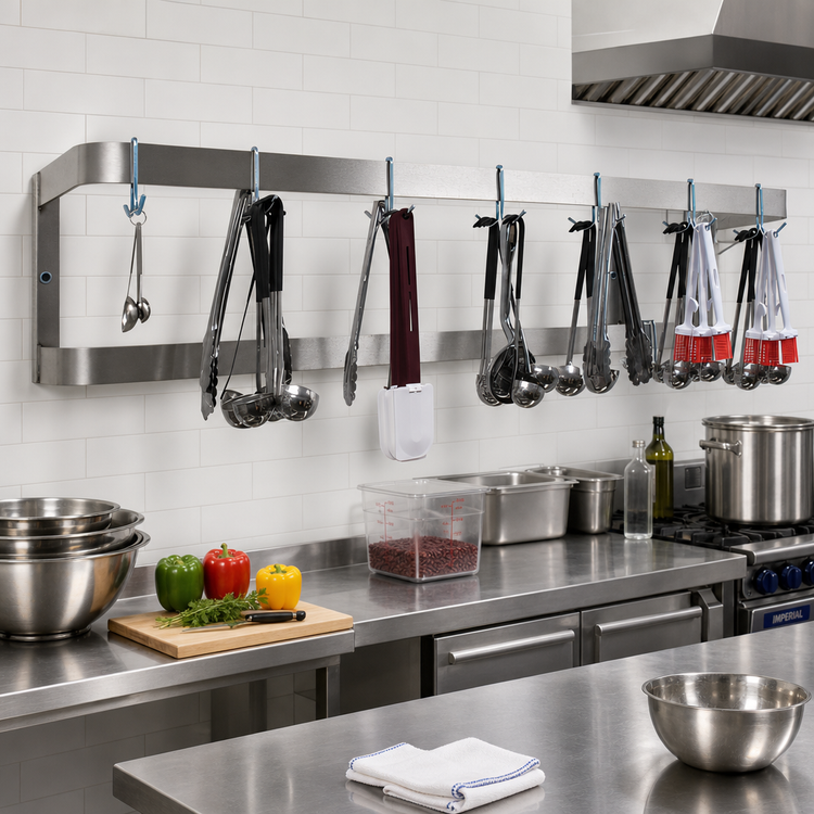 Product image #2 for Advance Tabco Wall-Mounted Double-Bar Stainless Steel Pot Rack, 108 Inches Wide, 18 Hooks