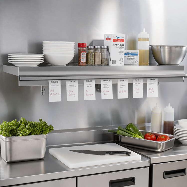 Product image #2 for Eagle Snap-n-Slide 72" x 12" Wall-Mounted Shelf with Ticket Rail, 16/430 Stainless Steel