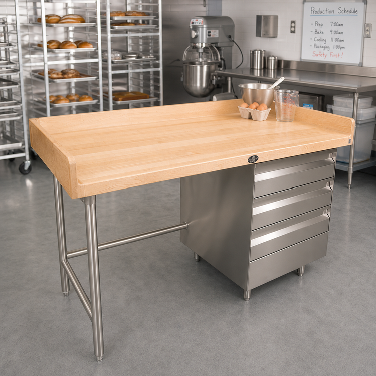 Product image #2 for Advance Tabco Bakers' Top Work Table with Wood Top and 3 Right-Side Drawer Tiers, 72 x 30 Inches