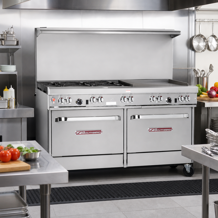 Product image #2 for Southbend Ultimate 60-Inch Gas Restaurant Range with 6 Open Burners, 24-Inch Griddle, and 2 Cabinets