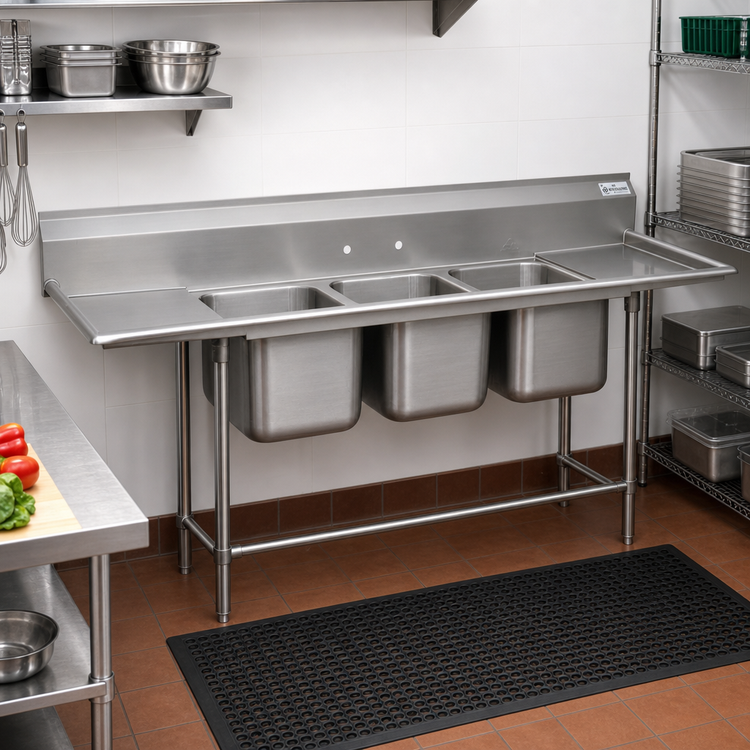 Product image #2 for Advance Tabco Regaline Three-Compartment Sink with Left and Right-Hand Drainboards, 24" x 24" Bowls, 14-Gauge 304 Stainless Steel