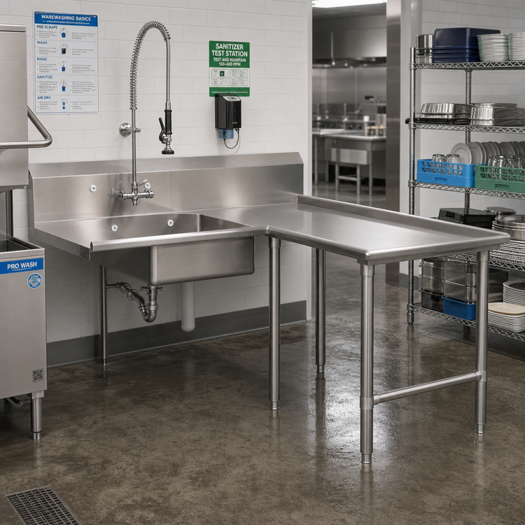 Product image #2 for John Boos Pro-Bowl Island L-Shaped Soiled Dishtable with Pre-Rinse Sink Bowl, Right-to-Left Operation, 60" Machine-to-Corner x 144" Corner-to-End, 14-Gauge Stainless Steel