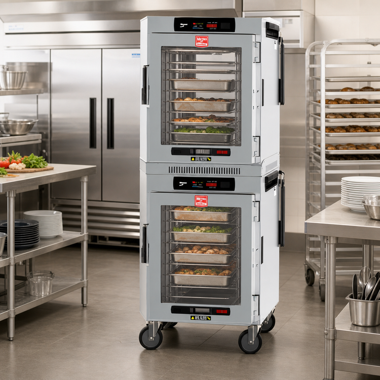 Product image #2 for Metro HotBlox Wide 16-Pan Dual-Cavity Mobile Pass-Thru Insulated Holding Cabinet with Digital Touchscreen and Clear Doors