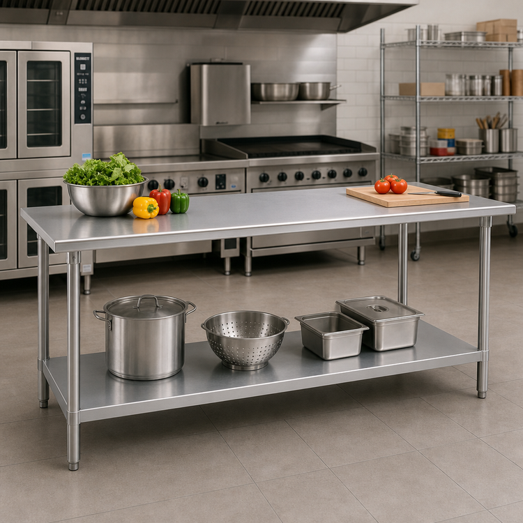 Product image #2 for Advance Tabco 120-Inch x 30-Inch 16-Gauge 430 Stainless Steel Work Table with Adjustable Undershelf