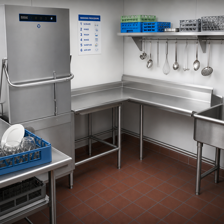 Product image #2 for Eagle Spec-Master Island Design Clean Dishtable, 60-Inch Machine-to-Corner and Corner-to-End Layout, 30-Inch Working Depth, 14 Gauge 304 Stainless Steel