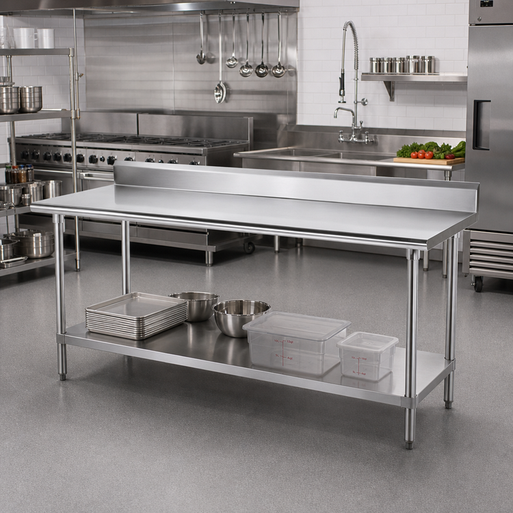 Product image #2 for Advance Tabco Stainless Steel Work Table with 5-Inch Backsplash and Adjustable Undershelf, 144 x 30 Inches