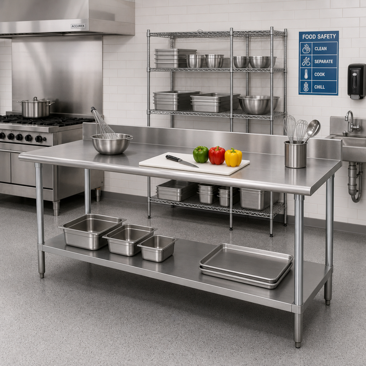 Product image #2 for Advance Tabco Special Value 84-Inch x 24-Inch Stainless Steel Work Table with 5-Inch Backsplash and Adjustable Undershelf