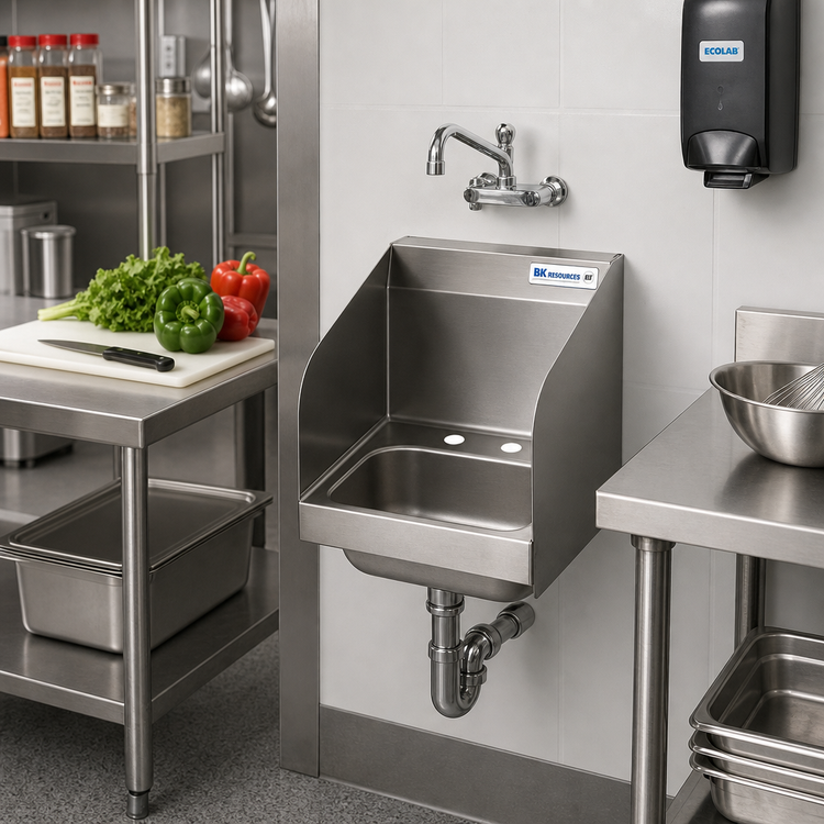 Product image #2 for BK Resources BKHS-D-SS-SS 9" x 9" Space-Saver Wall-Mount Hand Sink — 304 Stainless Steel, Dual Side Splashes