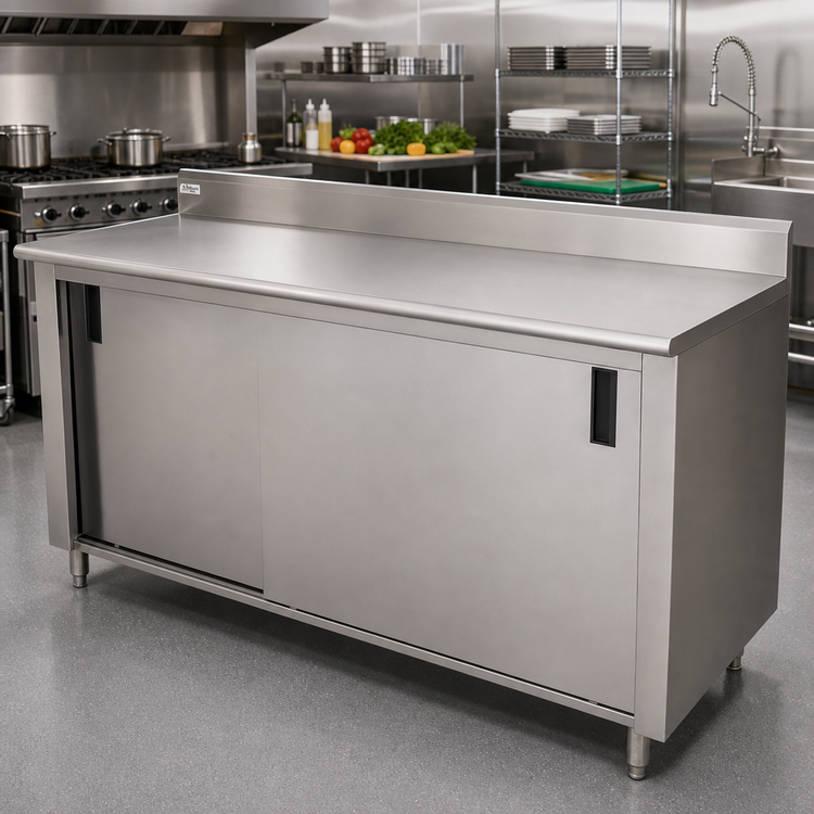 Product image #2 for Advance Tabco 144" x 30" Enclosed Stainless Steel Work Table with Cabinet Base, Sliding Doors, 14-Gauge 304 Top, and 5" Backsplash