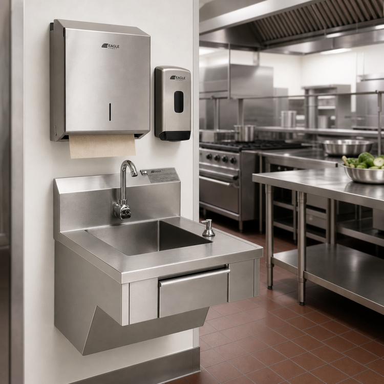 Product image #2 for Eagle Group Wall-Mount Physically Challenged Stainless Steel Hand Sink with 14" x 16" x 5" Bowl, Electronic Eye Faucet, Skirt, Soap Dispenser and Paper Towel Dispenser