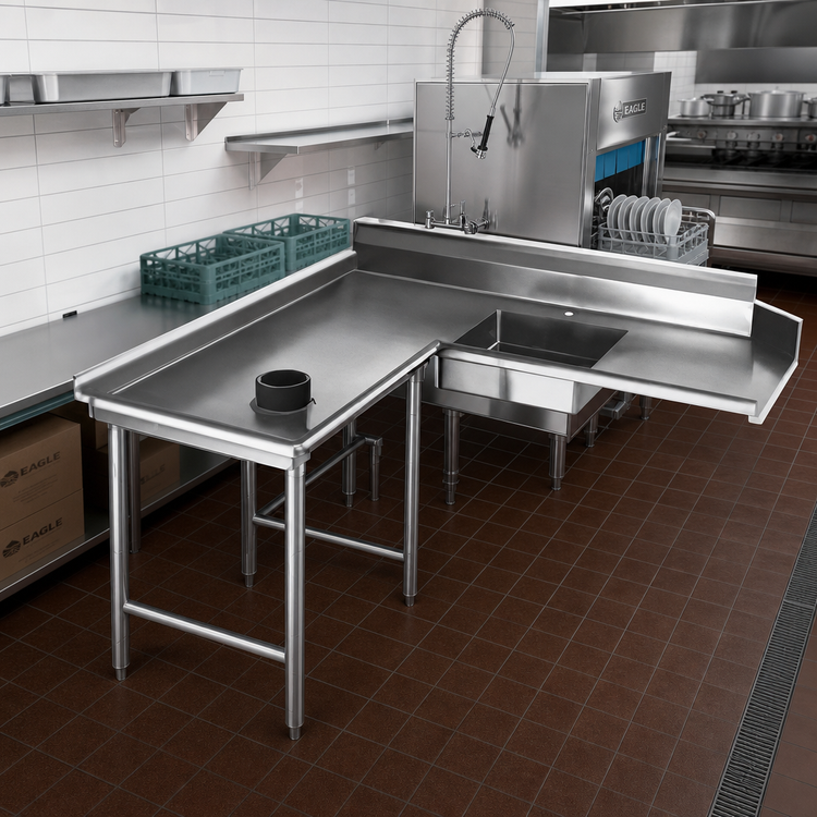Product image #2 for Eagle Spec-Master Left-Hand Island Soiled Dishtable with Pre-Rinse Sink, 96-Inch Machine-to-Corner x 60-Inch Corner-to-End