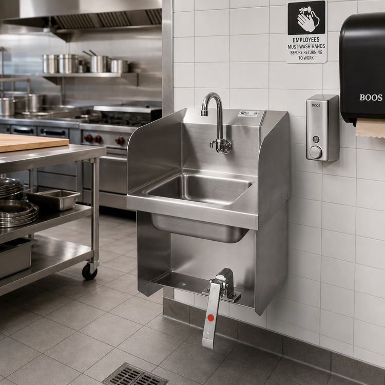 Product image #2 for John Boos Pro-Bowl Wall-Mounted Stainless Steel Hand Sink with Single Knee Valve, Side Splashes, and Gooseneck Spout