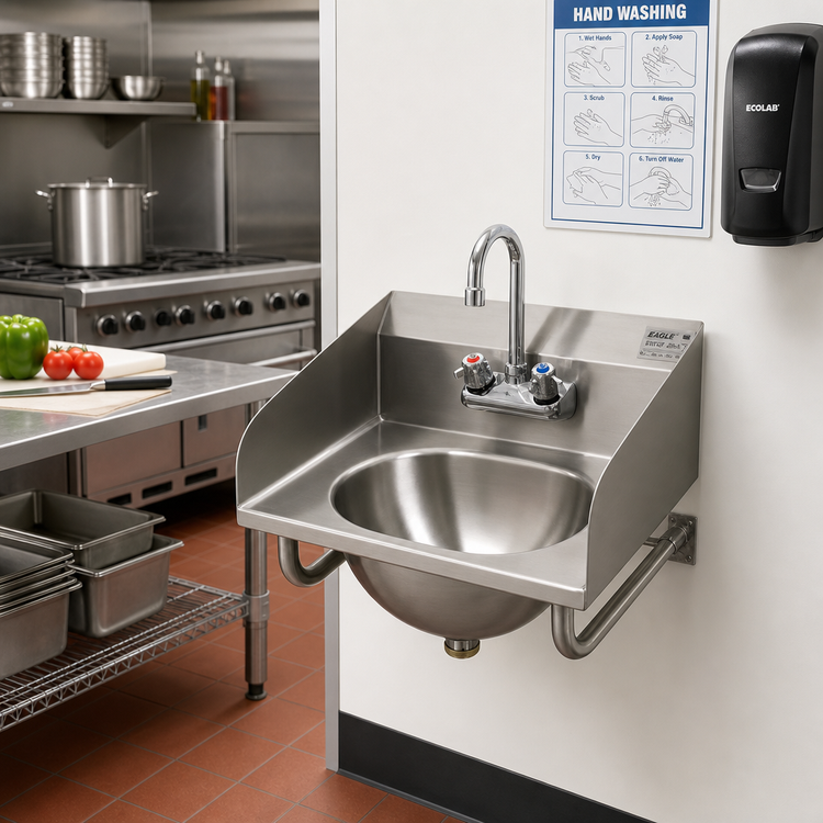 Product image #2 for Eagle Group Wall-Mounted 304 Stainless Steel Hand Sink with Side Splashes, Faucet, Basket Drain, and Tubular Wall Support