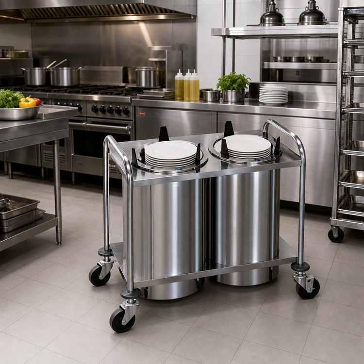 Product image #2 for Atlas Metal MOPD4H-6-1/2 Mobile Heated Plate Dispenser with (4) 6-1/2 Inch Diameter Self-Leveling Tubes