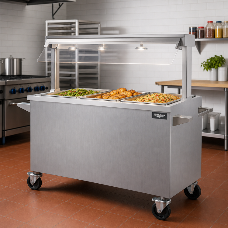 Product image #2 for Vollrath 2-Series Affordable Portable 3-Well Mobile Hot Food Station with Buffet Breath Guard and Lights, Brushed Aluminum, 120V